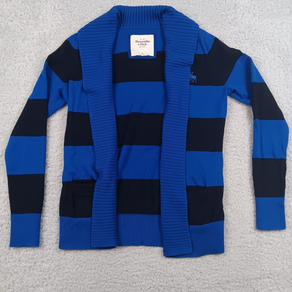 Abercrombie & Fitch Cardigan Shawl Collar Medium Blue Black Striped Logo